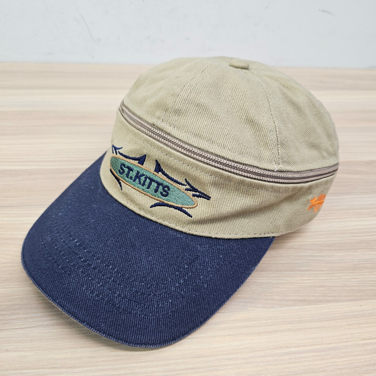 Fishing Baseball Cap Mens Khaki Navy Two Tone Zip Visor Dad Strapback St Kitts